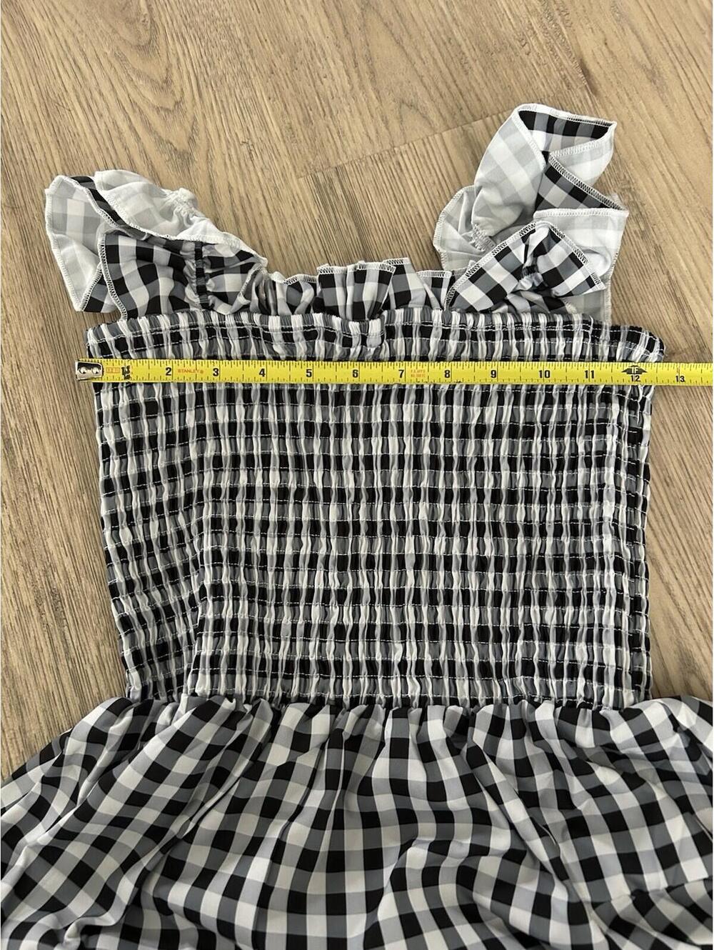Gingham Smocked Maxi Dress Ruffle Strap Black/White Square Neck Sleeveless Small - Picture 6 of 6
